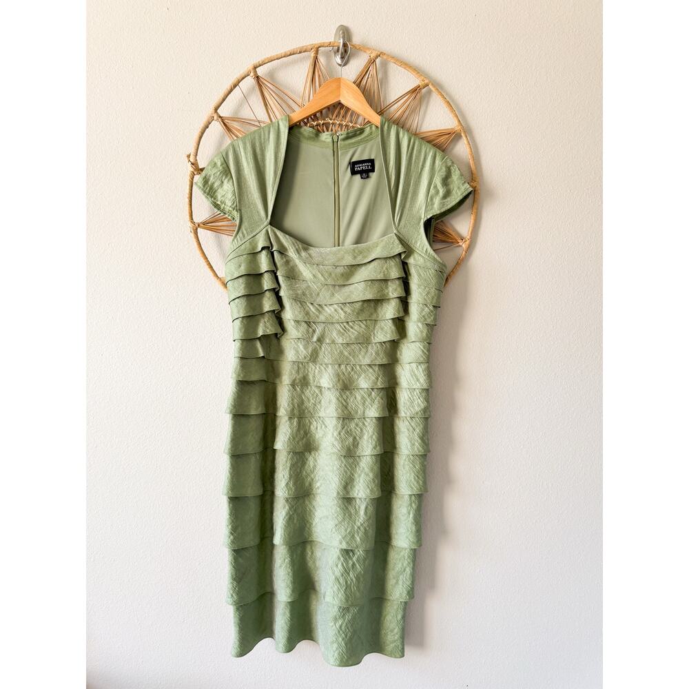 Adrianna Pappell Green Metallic Ruffle Cocktail Formal Dress *minor flaw* Sz 14